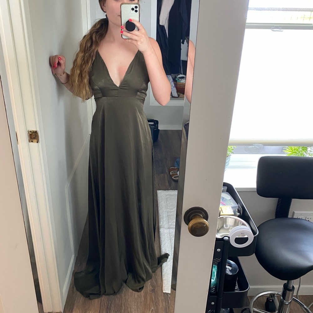 Olive Green Silky Maxi Slit Dress
